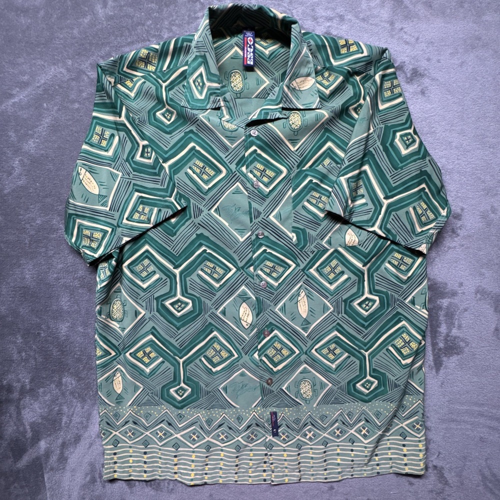 VTG WILLIE ESCO Men XL Green Turtle Fish Abstract Print Button-Up Hawaiian Shirt